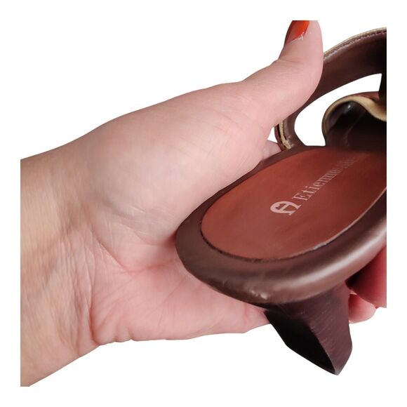 Etienne Aigner Diablo Slip On Sandals Brown Leather Heels Open Toe Stud Size 7M - Picture 10 of 15